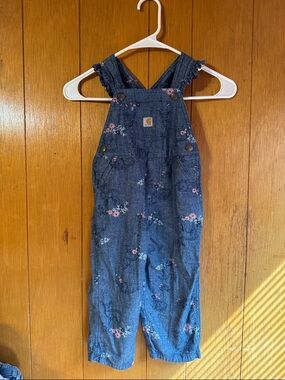 Carhartt Girls Floral Denim-Effect Overalls - Blue with Pink Accents